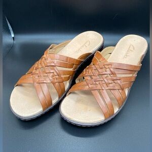 Clarks brown leather artisan woven sandal heels